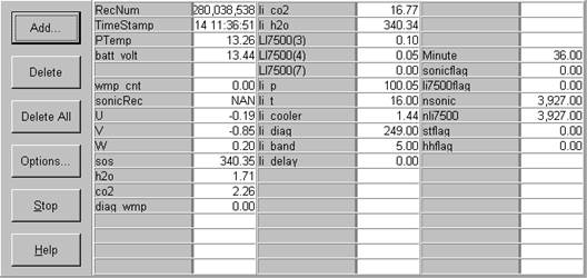 Screen shot of tower flux data logger table