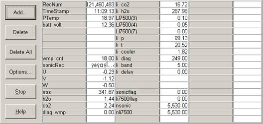 Screen shot of tower flux data logger table