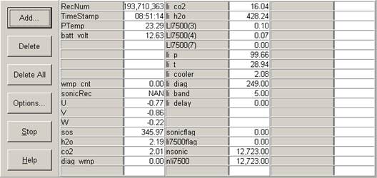 Screen shot of tower flux data logger table