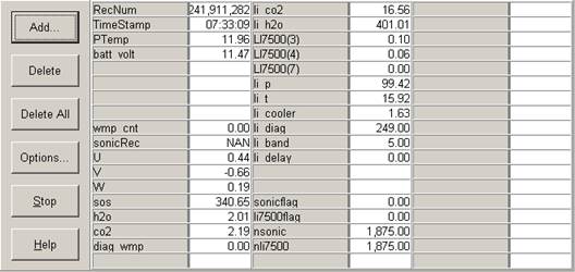 Screen shot of tower flux data logger table