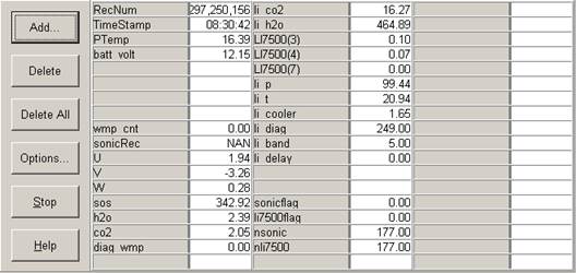 Screen shot of tower flux data logger table