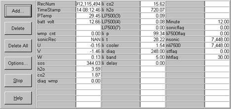 Screen shot of floor flux data logger table