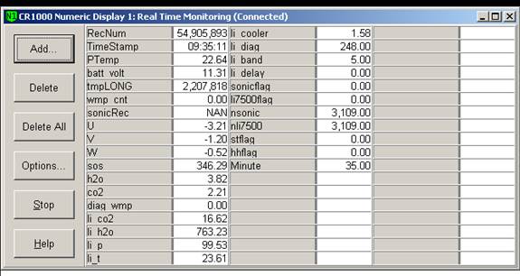 Screen shot of tower flux data logger table