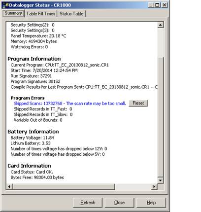 Screen shot of tower flux data logger status window