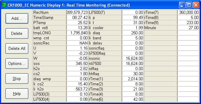 Screen shot of Vaira flux data logger table