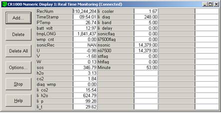Screen shot of tower flux data logger table