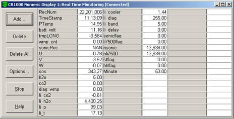 Screen shot of Vaira flux data logger table