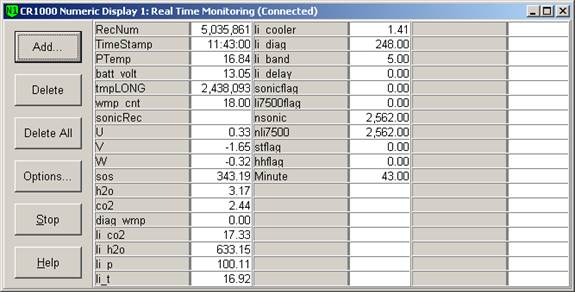 Screen shot of tower flux data logger table