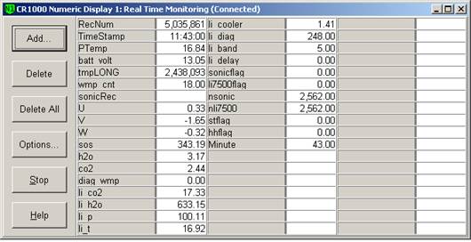 Screen shot of tower flux data logger table