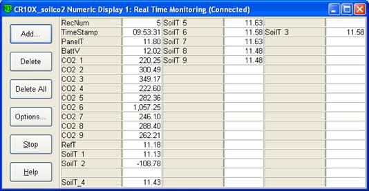 Screen shot of Vaira soil co2 data logger table