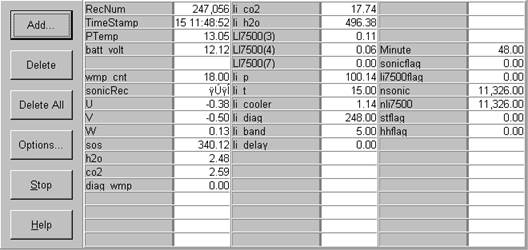 Screen shot of floor flux data logger table
