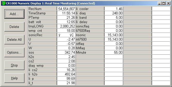 Screen shot of tower flux data logger table