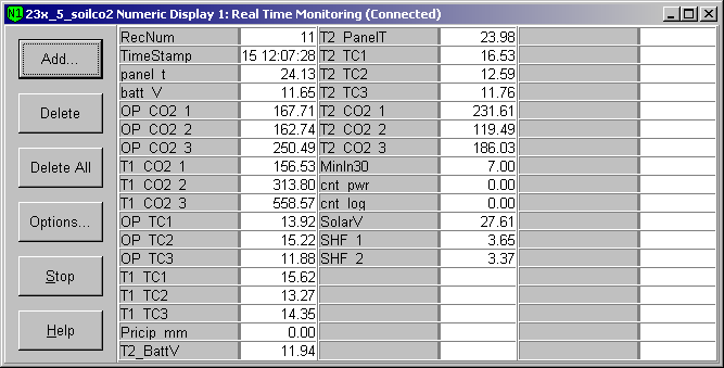 Screen shot of soil co2 data logger table