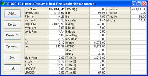 Screen shot of Vaira flux data logger table