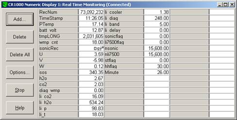 Screen shot of tower flux data logger table