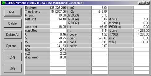Screen shot of floor flux data logger table