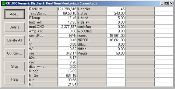 Screen shot of tower flux data logger table