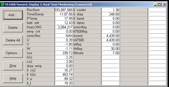 Screen shot of tower flux data logger table