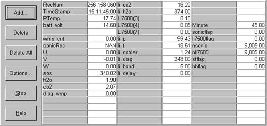 Screen shot of floor flux data logger table