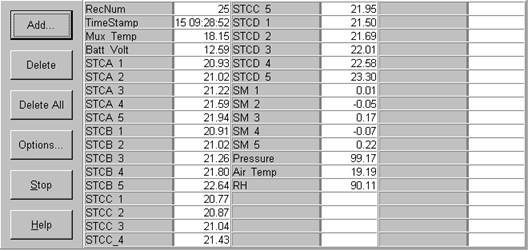 Screen shot of floor met data logger table