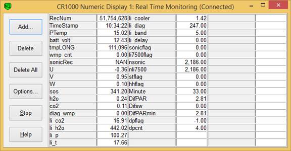 Screen shot of tower flux data logger table