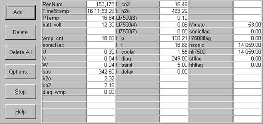Screen shot of floor flux data logger table
