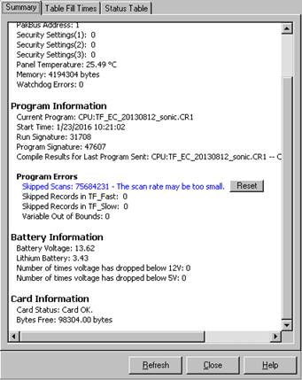 Screen shot of floor flux data logger status window