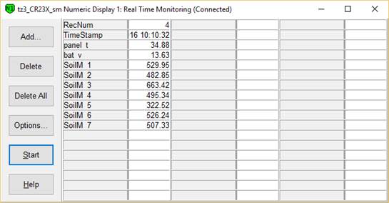 Screen shot of soil moisture data logger table