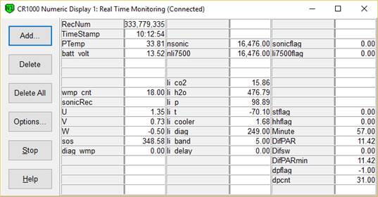 Screen shot of tower flux data logger table