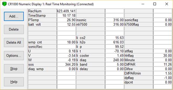 Screen shot of tower flux data logger table