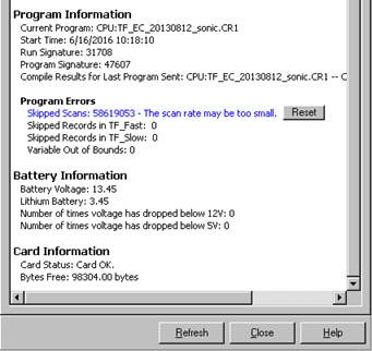 Screen shot of tower flux data logger status window
