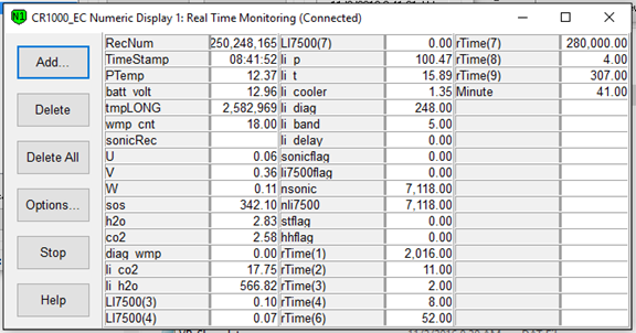 Screen shot of Vaira flux data logger table