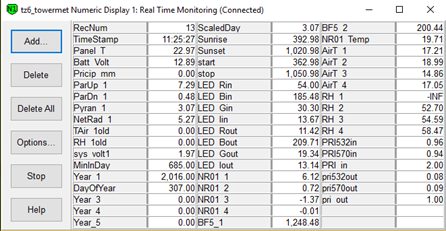 Screen shot of tower met data logger table
