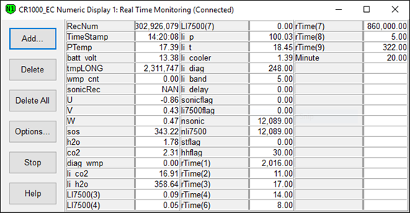 Screen shot of Vaira flux data logger table