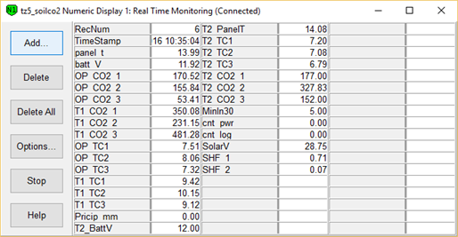Screen shot of soil co2 data logger table