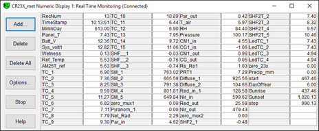 Screen shot of Vaira met data logger table