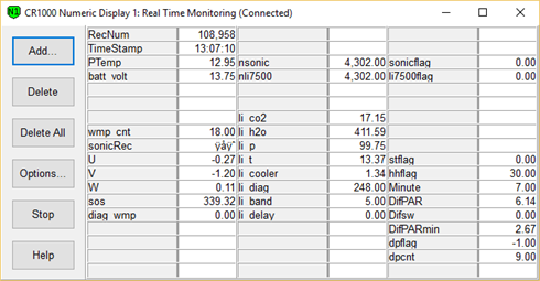 Screen shot of tower flux data logger table