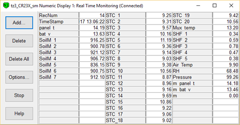 Screen shot of floor met data logger table