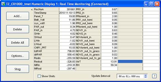 Screen shot of tower met data logger table