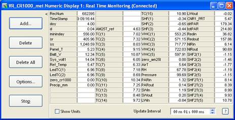 Screen shot of Vaira met data logger table