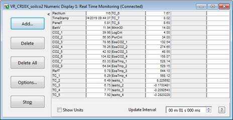 Screen shot of Vaira soil co2 data logger table