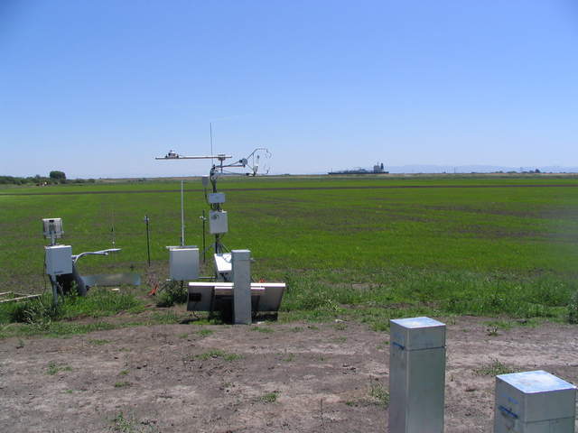Ship above the rice field and USGS tower