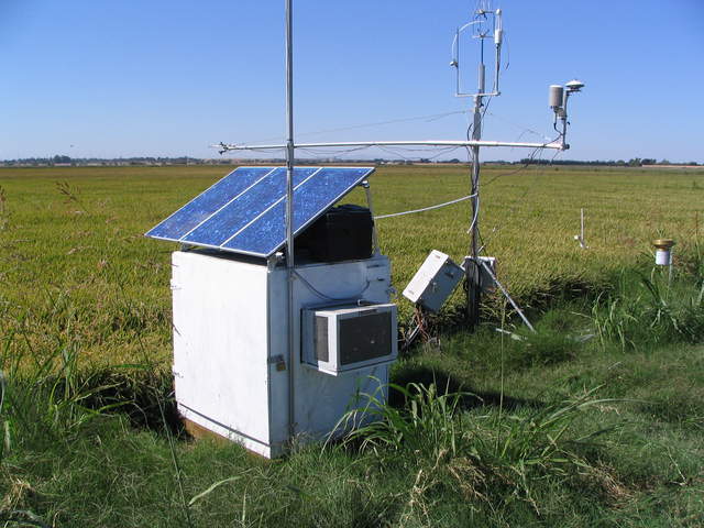 Equipment box and eddy tower at edge of rice field