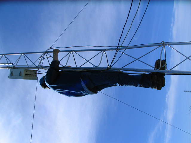 Dennis on temporary levee tower