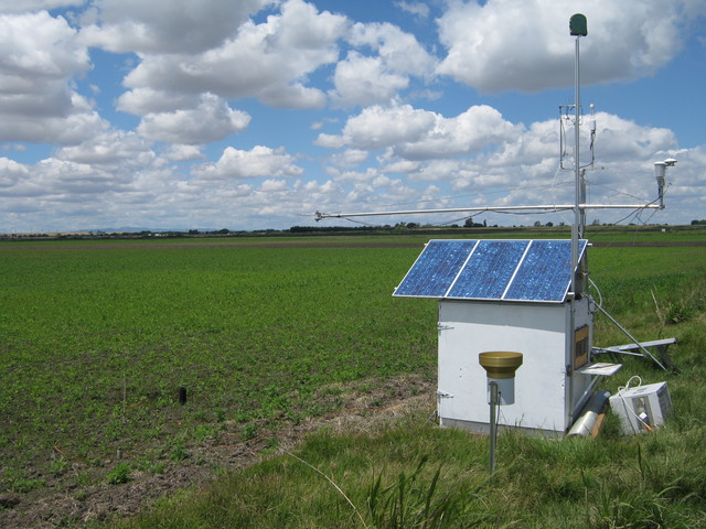 Equipment box and eddy tower at edge of weedy rice field with scattered puffy clouds