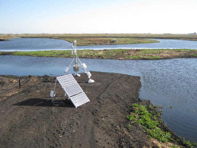 Solar panels and eddy tower on levee at Mayberry