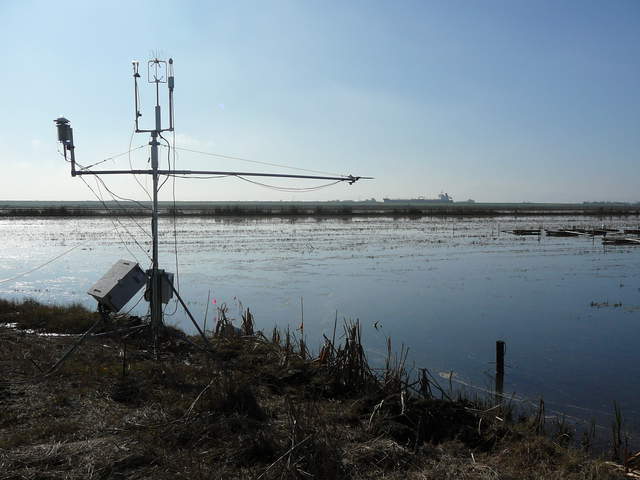Eddy tower and flooded rice field with ship in background