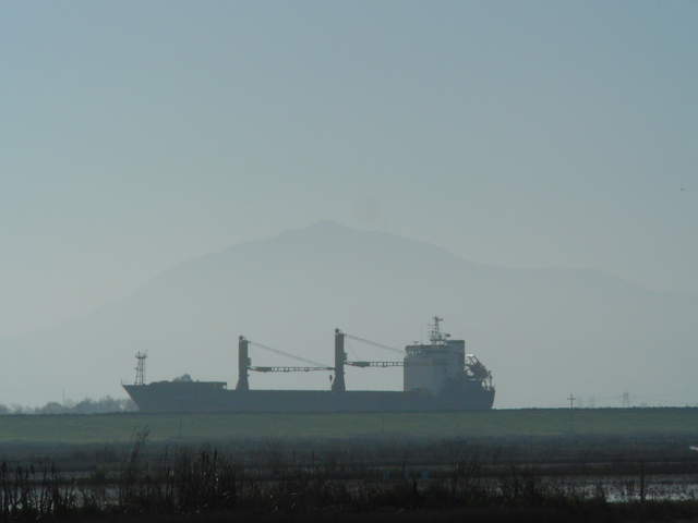Ship above rice fields with Mt Diablo in the back ground