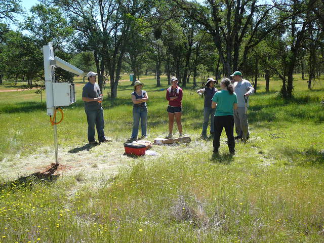 People discussing installation of COSMOS soil moisture sensor