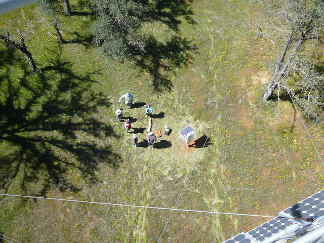 People installing COSMOS soil moisture system from tower top